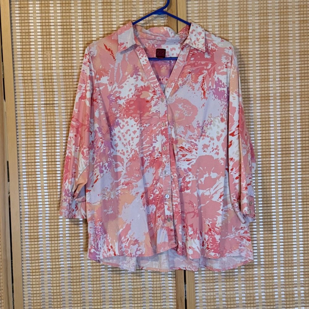 212 Collection Womens 2X Pink Abstract Floral 3/4 Sleeve Button Up Shirt Stretch